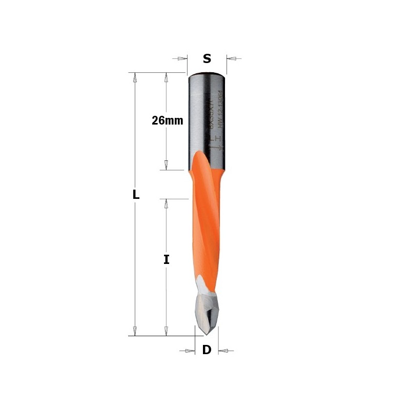 HW dowel drill for through holes, size 10x26mm, with a diameter of 7x35x70mm on the right-hand side.