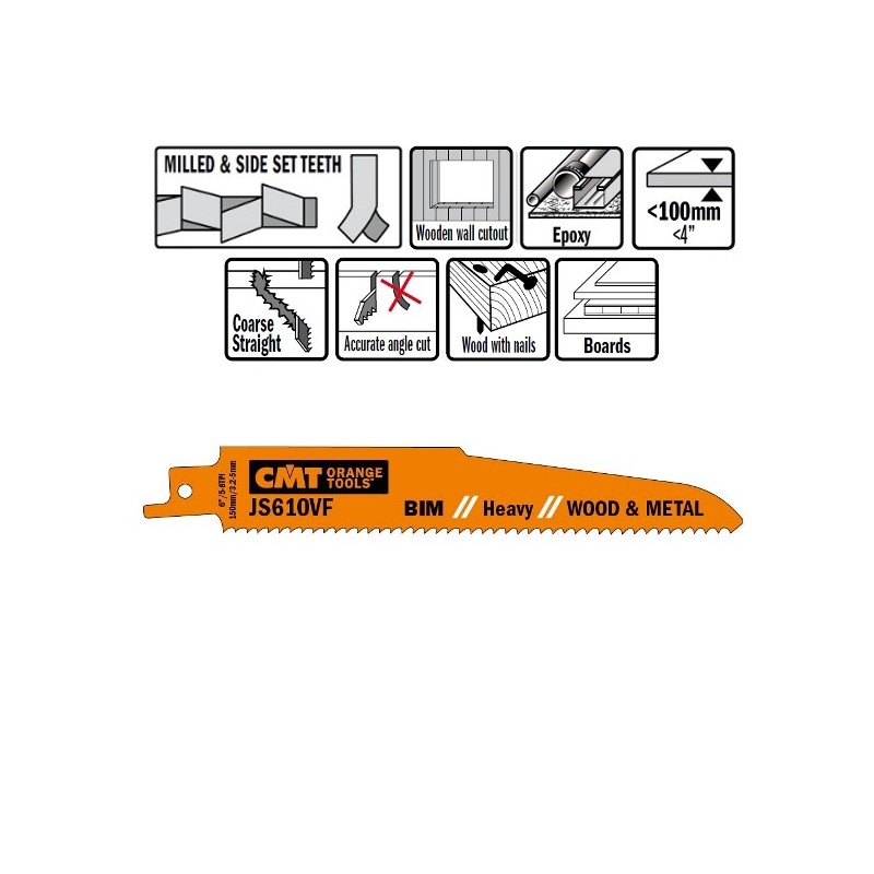 5 SABRE SAW BLADES FOR WOOD-METALS BIM 150x3,2-5x5-8TPI