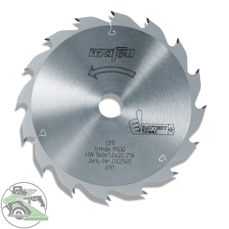TCT saw blade, 160 x 1.1/1.6 x 20 mm, 16 teeth, FT/TT, ideal for battery use.