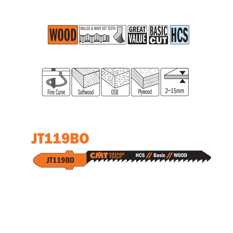 5 JIG SAW BLADES HCS 76x2x12TPI WOOD-CURVE-