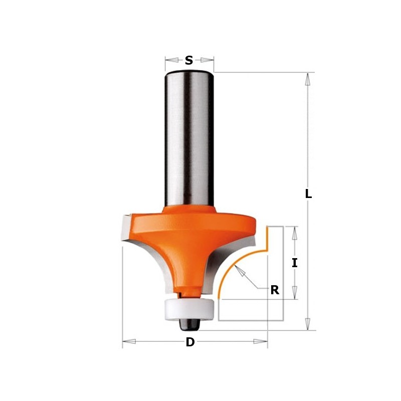 HW SOLID SURFACE ROUND OVER ROUTER BIT W-BRNG S-12,7 D-25,4 R-6.35